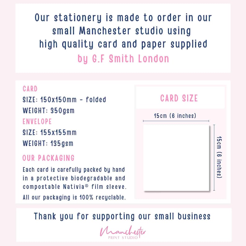May include: A white stationery card, folded to 150x150mm (approx. 6x6 inches), weighing 350gsm. The envelope is 155x155mm and weighs 135gsm. The image includes text: "Our stationery is made to order...by G.F Smith London."