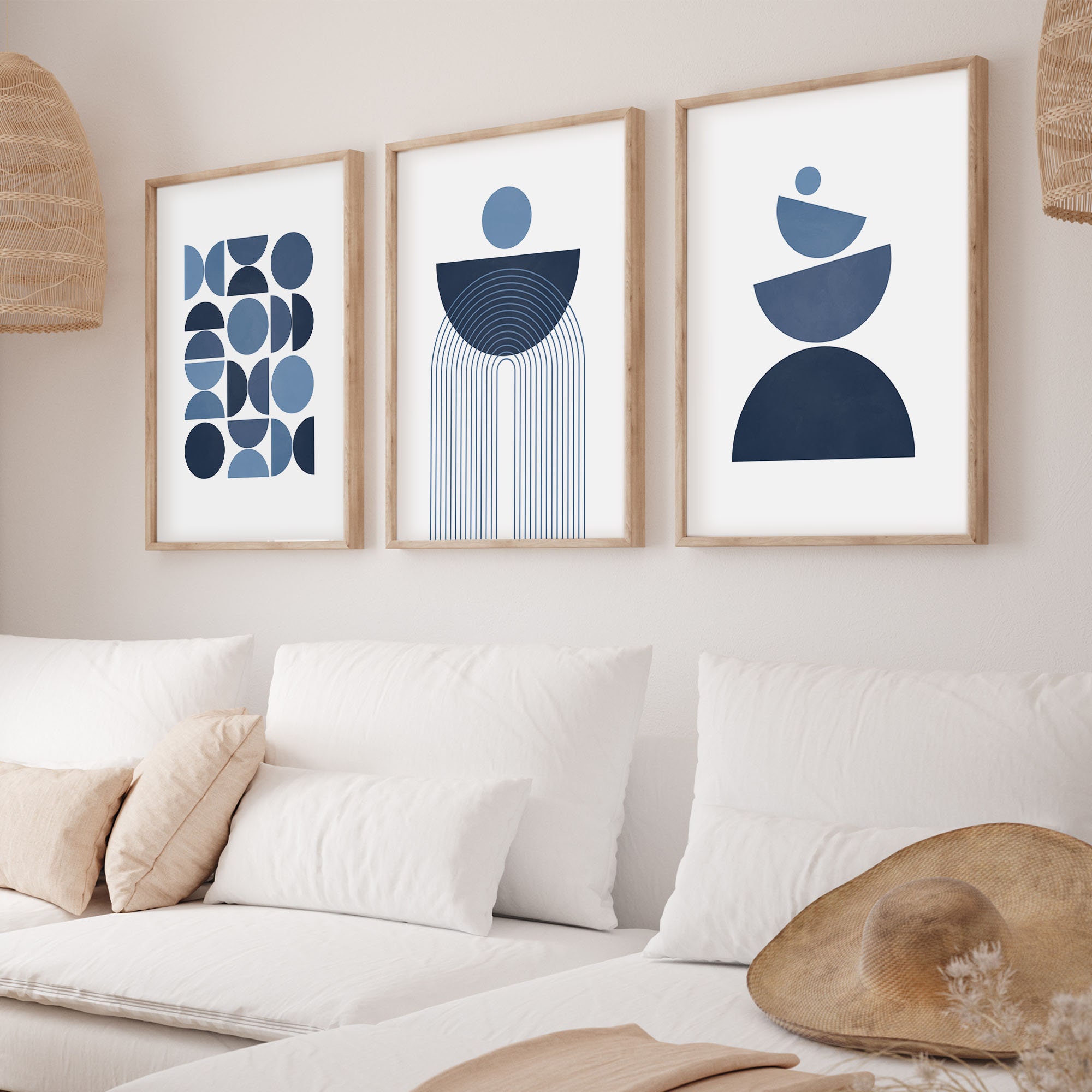 Set of 3 Wall Art Prints Navy Blue, Geometric Shapes, Mid Century ...