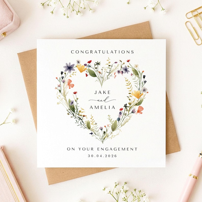 May include: A white engagement card with a floral heart design. The card reads "CONGRATULATIONS" at the top, with the names "JAKE and AMELIA" in the center, and "ON YOUR ENGAGEMENT 30.04.2026" at the bottom. The card is on a brown envelope.
