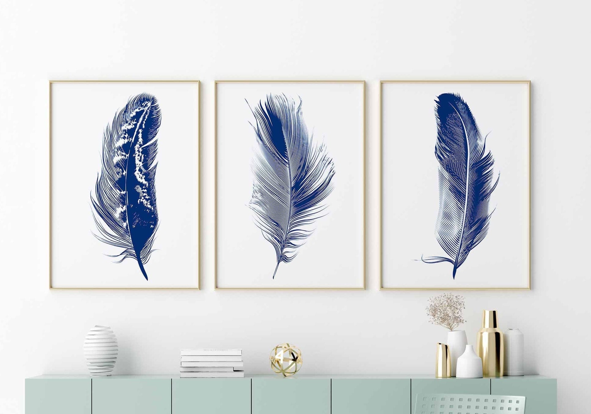 Navy Blue Wall Art Feather Print Wall Print Set of 3 Etsy