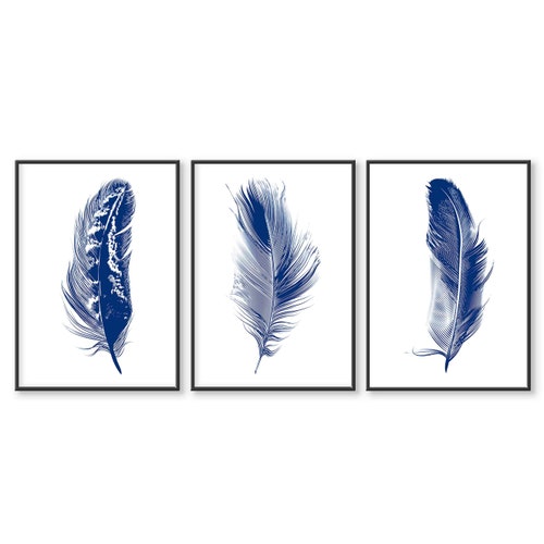Set of 3 Wall Art Prints Navy Blue Feathers Home Decor Wall Etsy UK