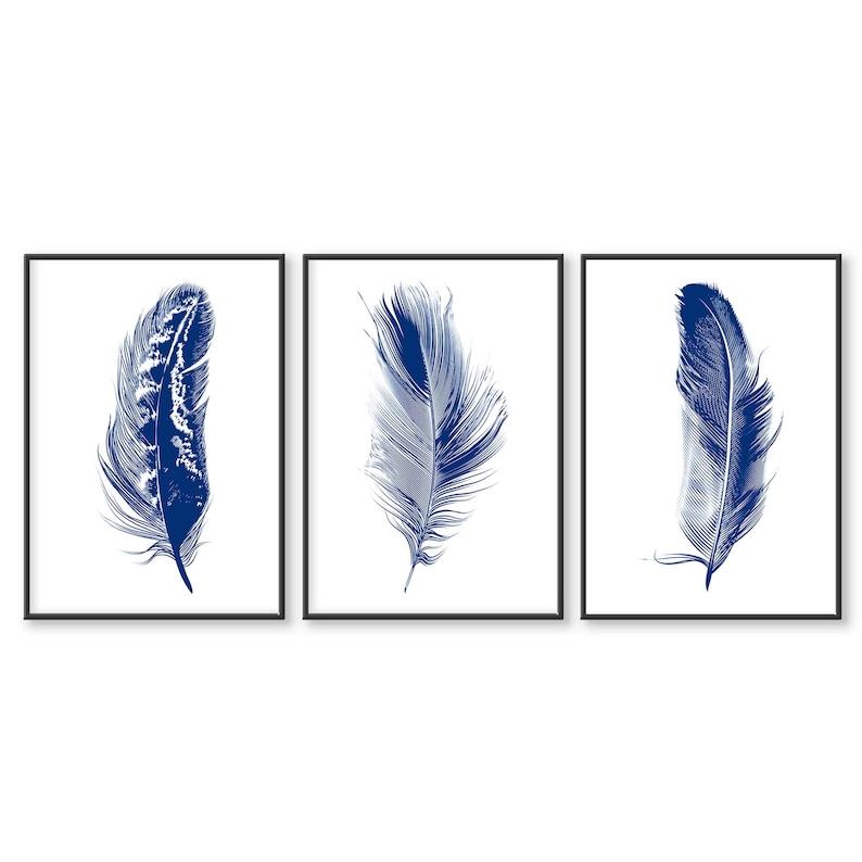 Navy Blue Feather Wall Art Prints, Set of 3