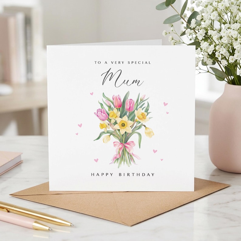 May include: A white greeting card with the text "TO A VERY SPECIAL Mum HAPPY BIRTHDAY". The card features a watercolor bouquet of pink and yellow flowers tied with a pink ribbon, and small pink hearts.