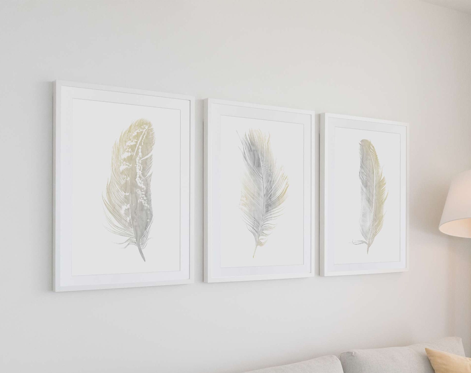 Grey Yellow Wall Art Feather Print Wall Print Set of 3 Etsy UK
