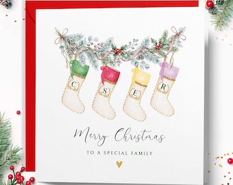 Personalised Family Christmas Card, Custom Name Stockings Xmas Card, Holiday Greetings