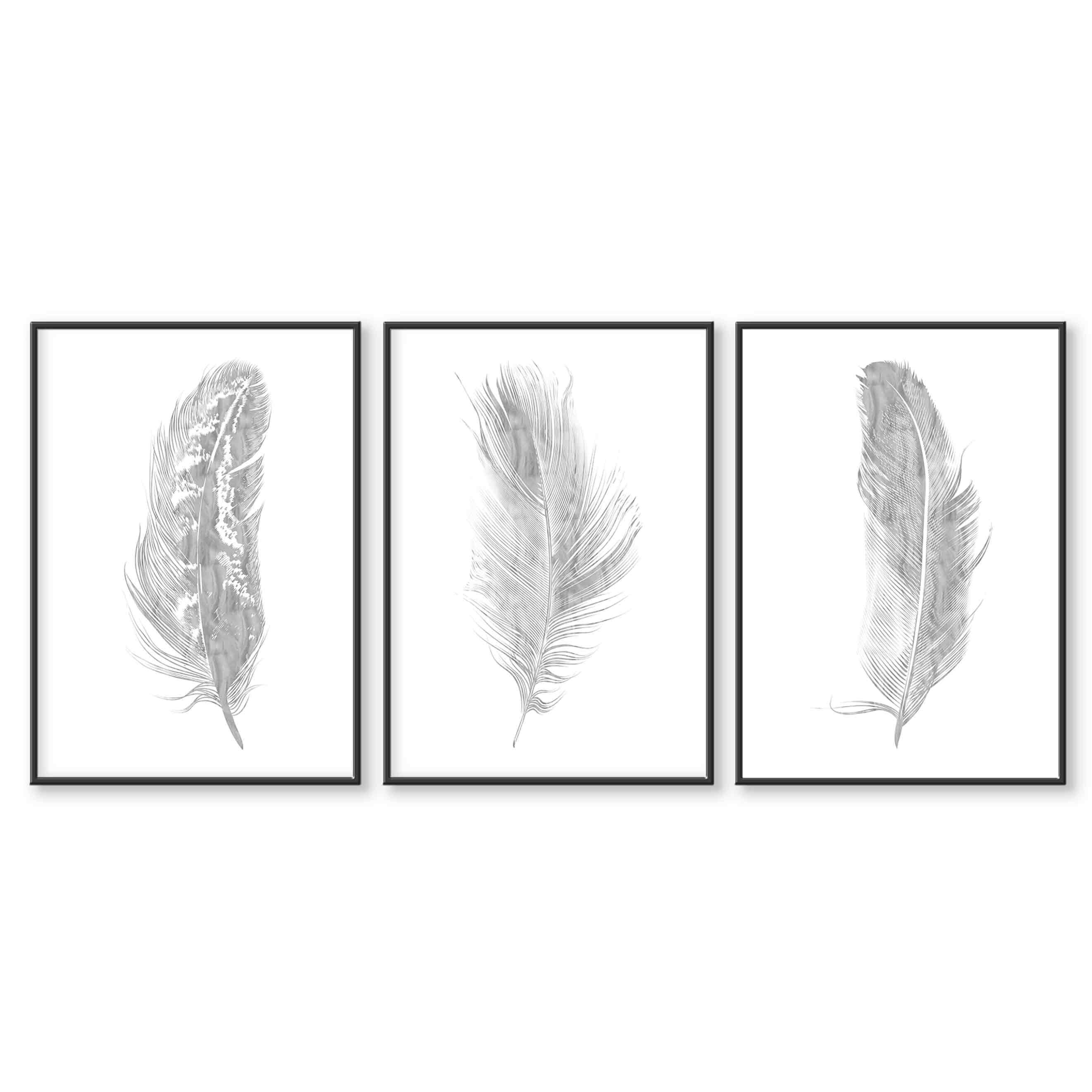 Set of 3 Wall Art Prints Grey Watercolour Feathers Home Wall Etsy UK