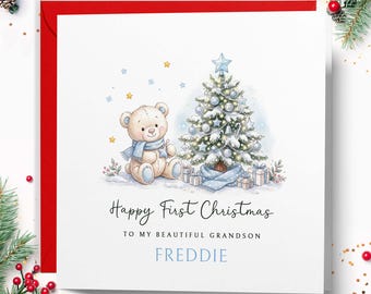 Personalised First Christmas Card for Grandson, Son, Godson, Blue Teddy Bear Xmas Card