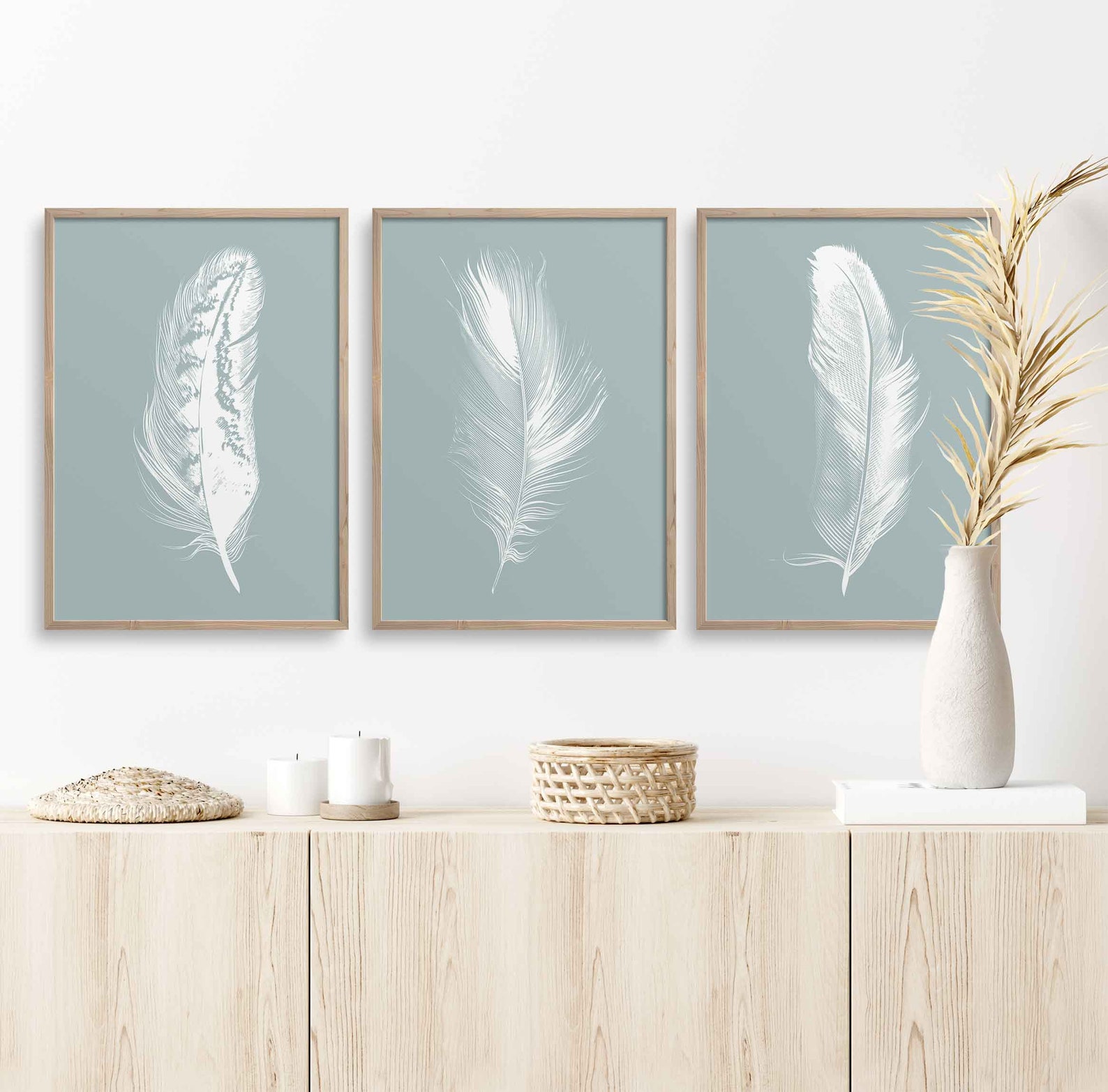 Duck Egg Grey Wall Art Wall Print Set of 3 Duck Egg Print Feather Print Feather Wall Art Print