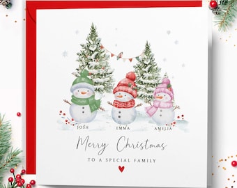 Personalised Family Christmas Card, Custom Name Xmas Card, Snowman Greeting Card
