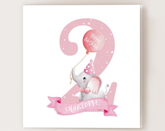 Personalised 2nd Birthday Card, Pink Elephant Happy Birthday