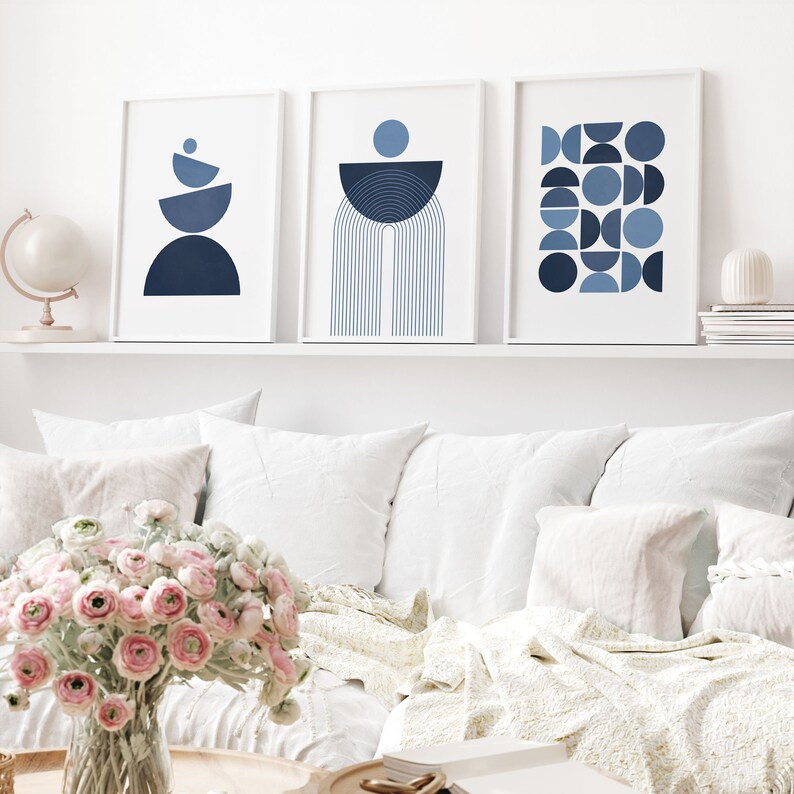 Set of 3 Wall Art Prints Navy Blue, Geometric Shapes, Mid Century ...