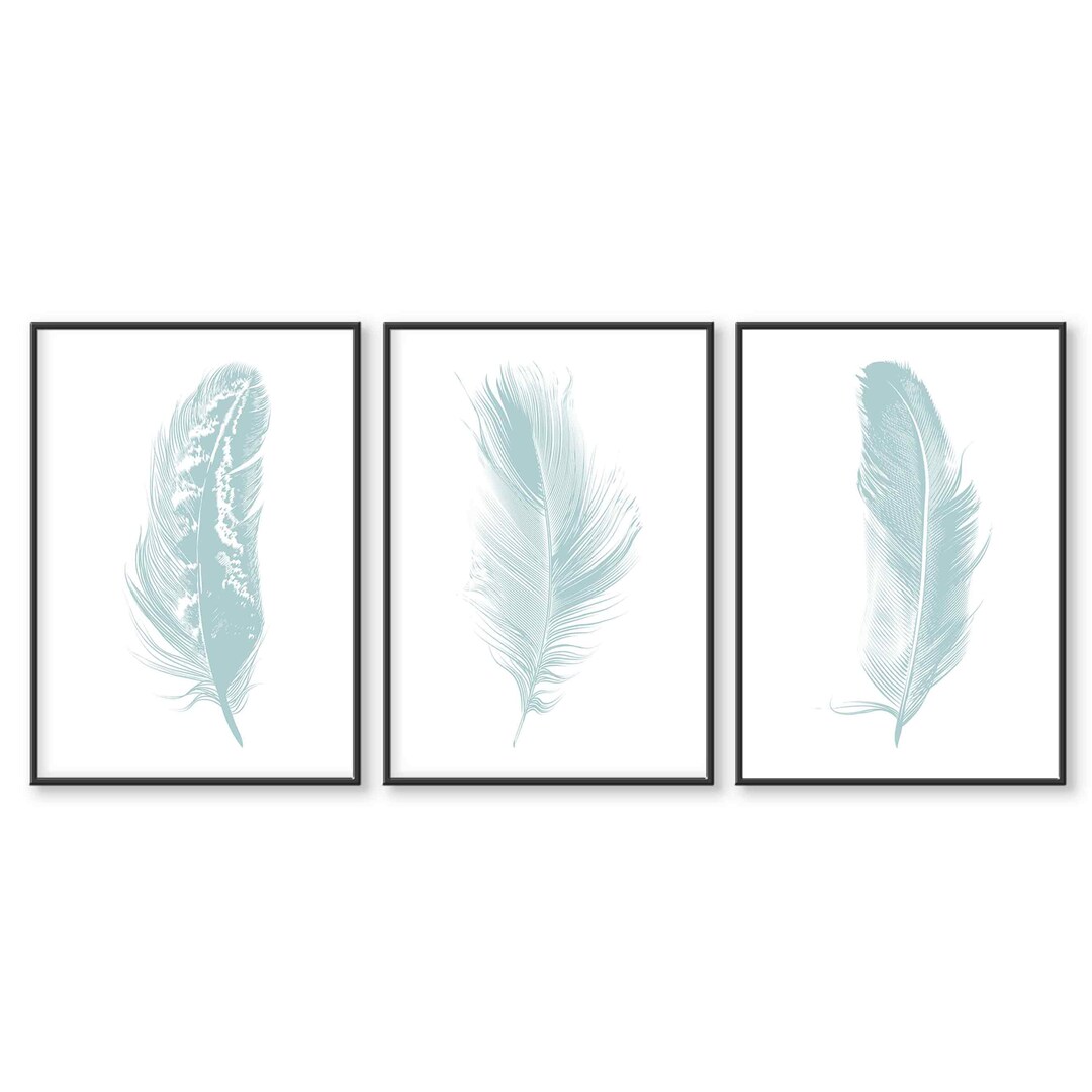 Set of 3 Wall Art Prints Duck Egg Blue, Feather Prints, Home Decor