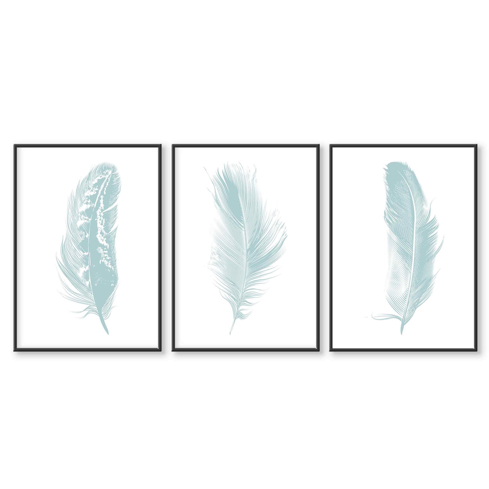 Set of 3 Wall Art Prints Duck Egg Blue Feather Prints Home Etsy UK