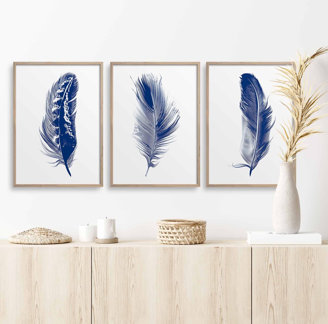 Set of 3 Wall Art Prints Navy Blue Feathers Home Decor Wall Etsy UK