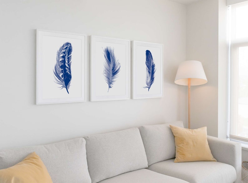 Set of 3 Wall Art Prints Navy Blue Feathers Home Decor Wall Etsy UK