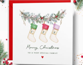 Personalised Family Christmas Card, Custom Name Stockings Xmas Card, Holiday Greetings