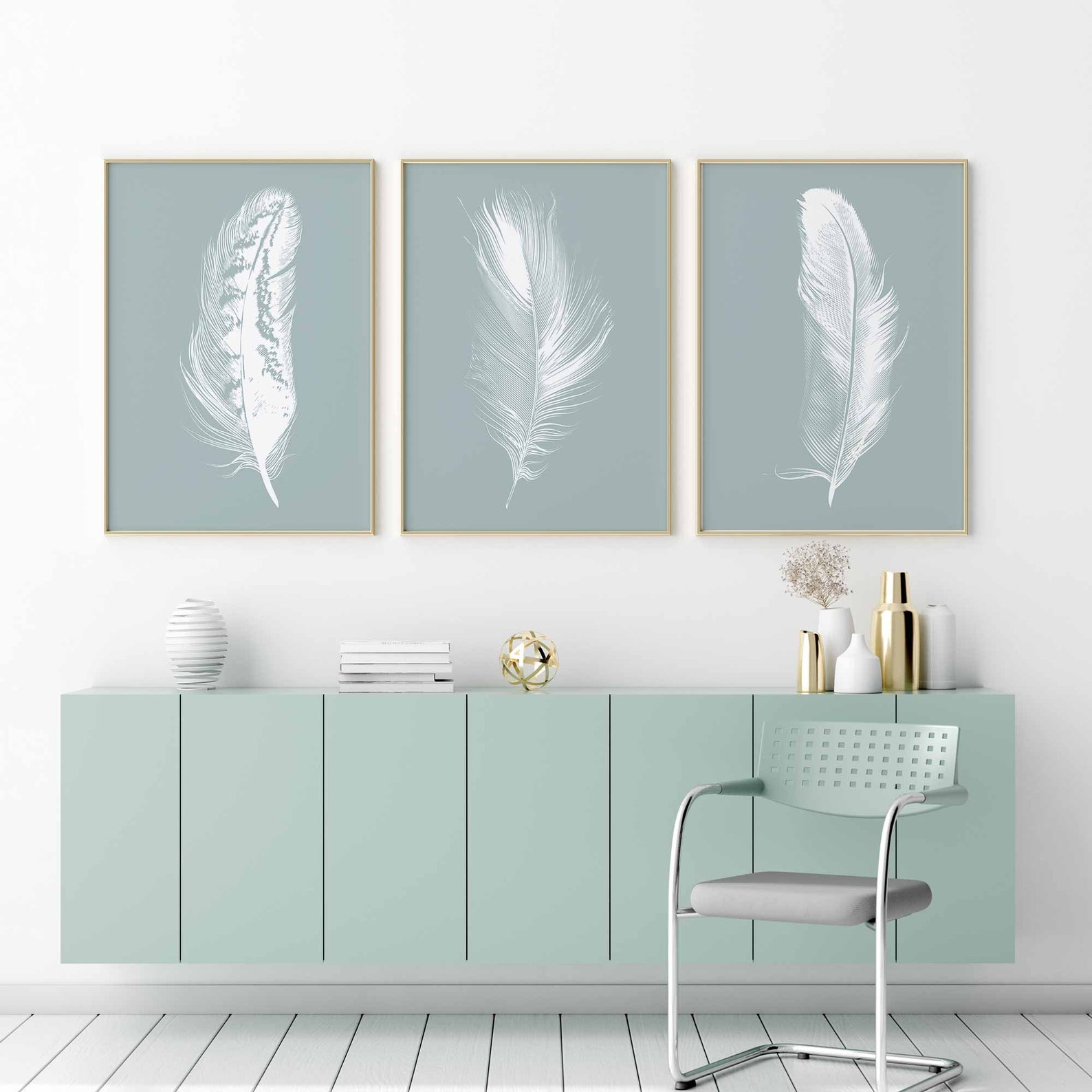 Duck Egg Grey Wall Art Wall Print Set of 3 Duck Egg Print Feather Print Feather Wall Art Print