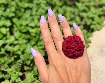 Handmade Crochet Garden Rose Ring: Adjustable Boho Statement Jewelry