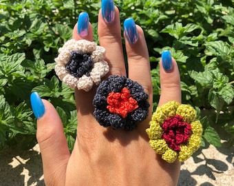 Handmade Crochet Margarita Flower Ring: Boho Chic Statement Jewelry