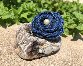 Handmade Crochet Peony Ring: Boho Pearl Statement Jewelry