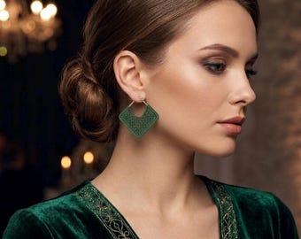 Handmade Square Crochet Earrings: Green Cotton Charm Jewelry