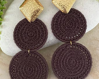 Handmade Crochet Statement Earrings: Golden Studs, Boho Glam Jewelry