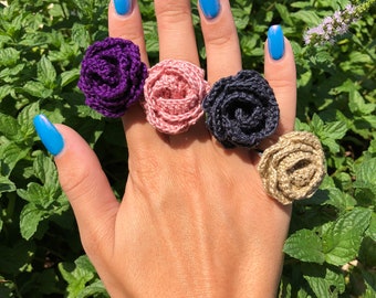 Handmade Crochet Peony Ring: Boho Glam Cotton Statement Jewelry