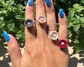 Handmade Crochet Water Lily Ring: Adjustable Boho Statement Jewelry