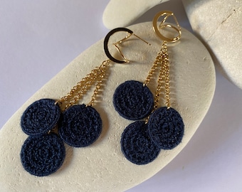 Handmade Crochet Drop Earrings: Navy Blue Cotton, Gold Tone Chain