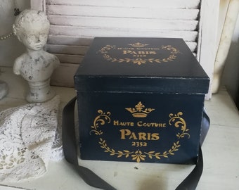 süße quadratische dunkelgraue Hutschachtel "PARIS" im Shabby-Style Aufbewahrung Pappschachtel Geschenkschachtel Deko