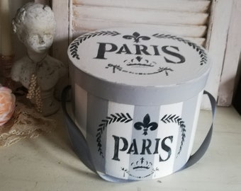 dekorative Hutschachtel "Paris" mit Streifen und Trageband im Shabby-Style Durchmesser 24 cm