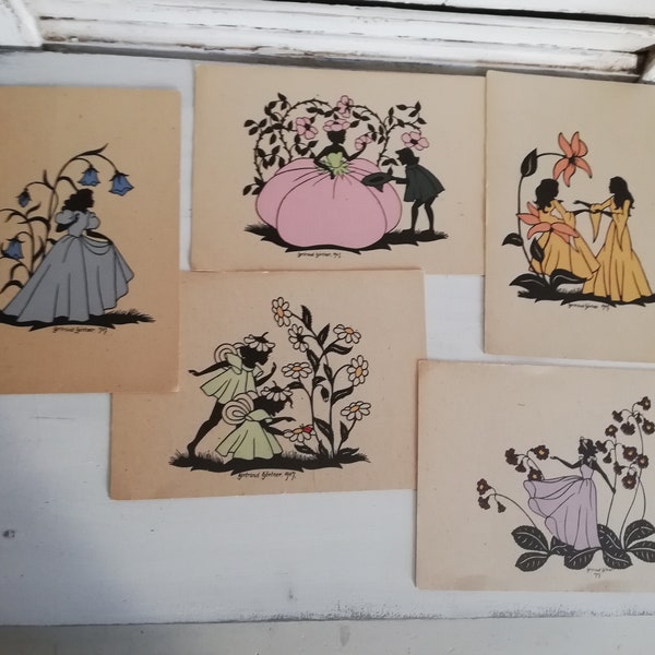 VINTAGE 5 traumhafte nostalgische Postkarten mit Scherenschnitten Blumenmädchen für Sammler Nostalgiker Farbscherenschnitt