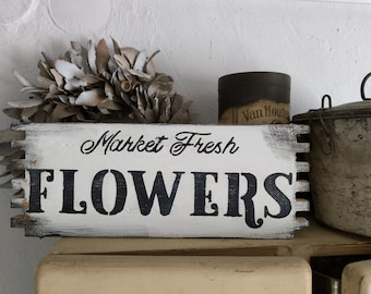 traumhaftes Schild  "Market fresh Flowers" Shabby-Style 2 Motive  30x11,5x2cm ganzjährige Deko Haus Garten Veranda Geschenk Einzug Muttertag