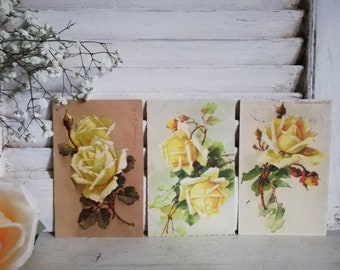 VINTAGE 3 traumhafte nostalgische Künstlerkarten Postkarten mit gelben Rosen für Sammler Nostalgiker Rosenliebhaber