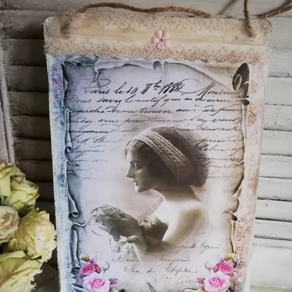 Shabby Chic  traumhaftes  Schild "Vintagel" mit Kordel und Spitze  Beigetöne 2 Motive Wohnraum Schlafzimmer Mädchenzimmer Ostern Muttertag