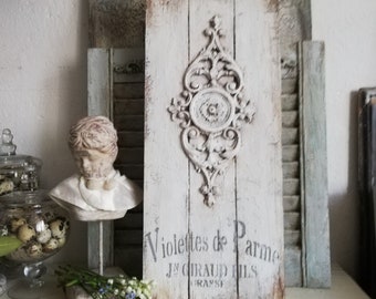 dekoratives Holz-Paneel Weiß/ Brauntöne großes Schnörkelornament ShabbyChic Dekoration Geschenk Freundin Geburtstag