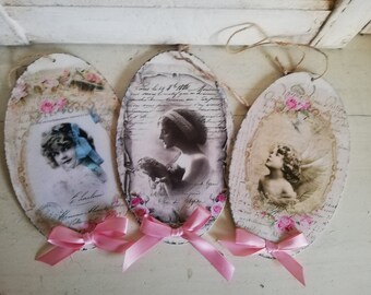 dekoratives dünnes ovales Schild "Vintage Girl"  rosa Schleife im Shabby-Style, 3 Motive Ostern Valentinstag Muttertag Geschen Mitbringsel