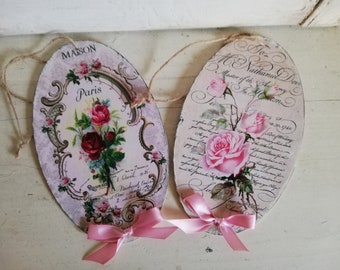 dekoratives dünnes ovales Schild "Rosenmotiv" rosa Schleife Shabby-Style 2 Motive Valentinstag Geburtstag Ostern Muttertag ganzjährige Deko