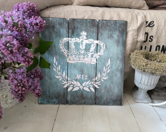 wunderschöne Struktur-Collage  mit Krone in Türkistönen im Shabby-Style Größe 40cm x 40cm  Deko Schlafzimmer Wohnzimmer