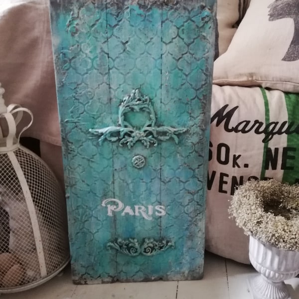 dekoratives MDF-Paneel 3Bretter Optik "PARIS" Blau/Türkis/Grautöne Schnörkelornamente 30x60cm ShabbyChic Deko Wohnzimmer Schlafzimmer