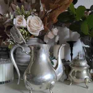 Könnte beinhalten: Ein silbernes Teeservice mit Teekanne und Zuckerdose. Die Teekanne hat einen gebogenen Griff und einen Ausguss, die Zuckerdose einen Deckel. Das Set steht auf einer weißen Oberfläche, mit Blumen im Hintergrund.