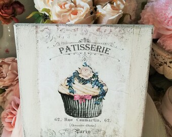 dekorative kleine quadratische  Collage "Patisserie" im Shabby-Style in 4 Motivvarianten 20 x 20 cm Muffin Cupcake Küchendekoration Ostern