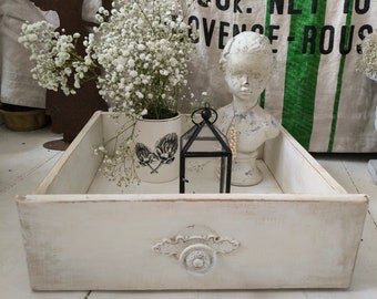VINTAGE dekorative große alte shabby weiß/bräunliche Schublade Holzkiste mit Knauf Gebrauchsspuren ganzjährige Deko Haus Garten Veranda