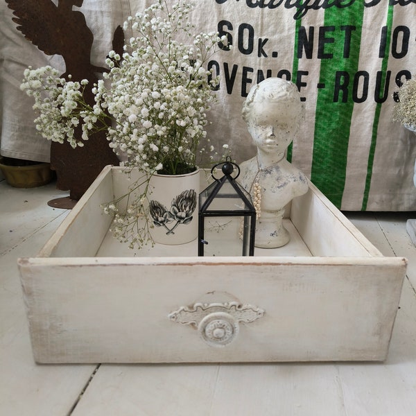 VINTAGE dekorative große alte shabby weiß/bräunliche Schublade Holzkiste mit Knauf Gebrauchsspuren ganzjährige Deko Haus Garten Veranda
