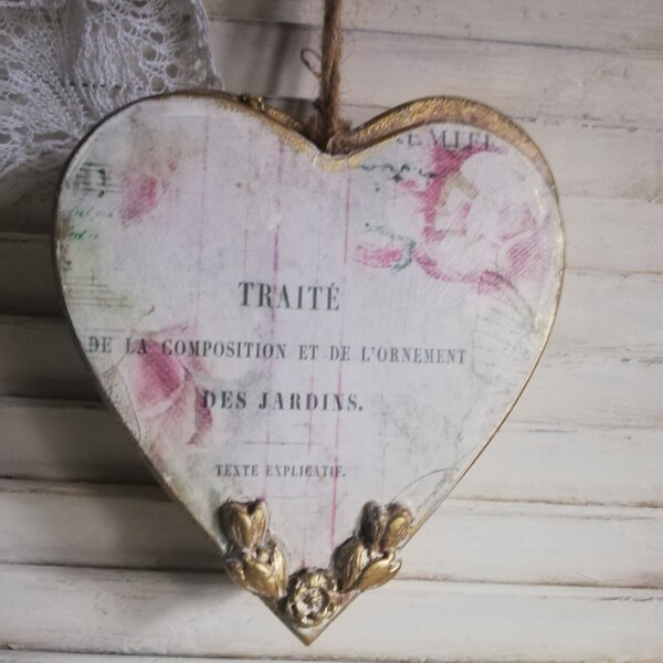 ShabbyChic romantisches kleines Dekoherz MDF "Vintage"  mit Schnörkelornament und Hängekordel 6 Motive Geschenk Einzug Valentinstag Ostern