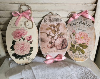 MUTTERTAG  dekoratives dünnes ovales Schild "Rosenmotiv" rosa Bändchen Shabby-Style 3 Motive Valentinstag Geburtstag   ganzjährige Deko