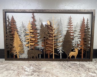 Layered Wood Forest Wall Art | Woodland Scene with Bear & Deer | Rustic Cabin Decor