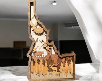 3D Laser Engraved Idaho Sign, Layered Wooden Idaho State Decor, Nature & Wildlife Scene, Rustic Wall Art or Shelf Display, Idaho State Gift