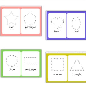 May include: A set of eight flashcards with dotted lines outlining different shapes. The shapes include a star, pentagon, heart, oval, circle, rectangle, square, and triangle. Each card has the name of the shape printed below the outline.
