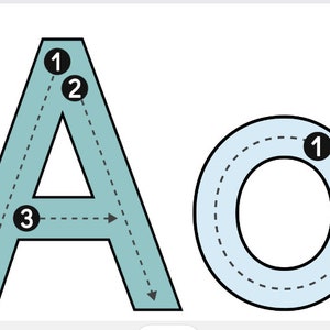 Pode incluir: Uma folha de traçado para aprender as letras maiúsculas e minúsculas A e a. As letras são delineadas em preto e preenchidas com uma cor azul clara. As linhas tracejadas com círculos numerados indicam a ordem de traçado.